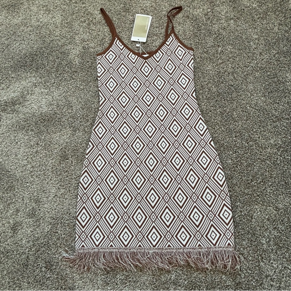 URBAN REVIVO Argyle Pattern Raw Hem Knitted Bodycon Cami Dress - Brown